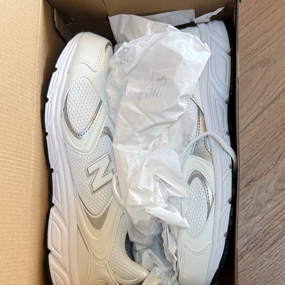 New Balance White and Silver Athletic Sneakers